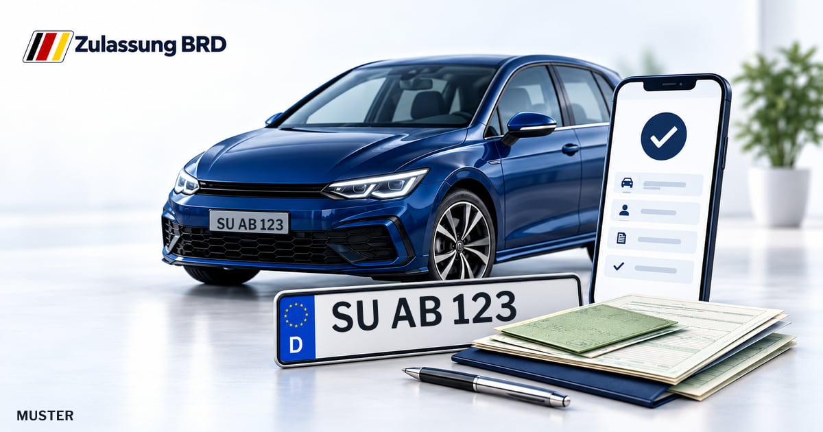 Online Fahrzeugzulassung in Swisttal: Musterkennzeichen SU AB 123, Auto und Fahrzeugpapiere und Smartphone. Illustration mit Logo von Zulassung BRD.